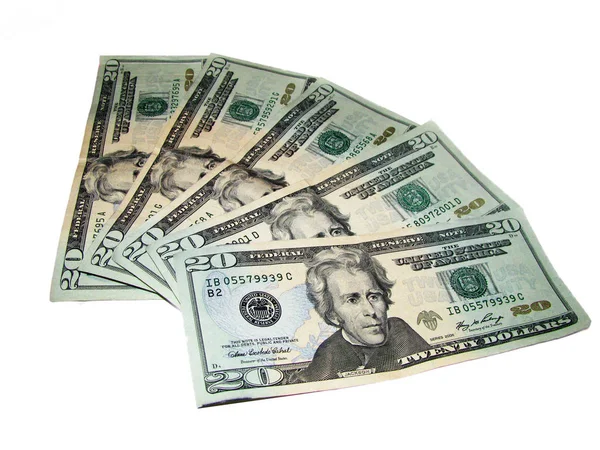 Five Twenty Dollar Bills Fanned Out Arrangement — Stock Photo, Image