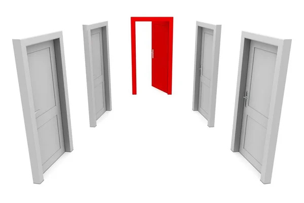 Абстрактний Коридор Чотирма Сірими Дверима Одними Відкритими Червоними Дверима Кінці — стокове фото