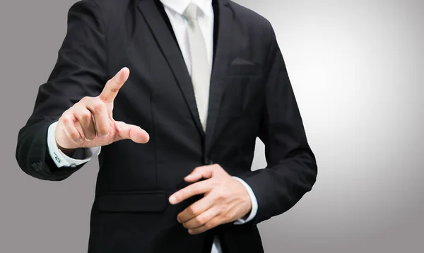 Geschäftsmann Stehen Zeigen Hand Isoliert Auf Grauem Hintergrund — Stockfoto