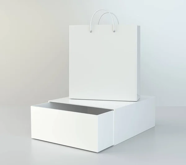 Leere Schachtel Geöffnet Und Einkaufstasche Auf Grauem Boden Darstellung — Stockfoto