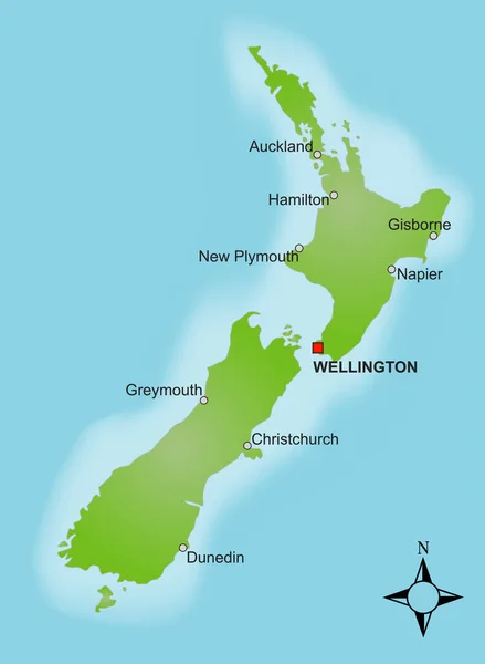 Eine Stilisierte Karte Von Neuseeland Die Verschiedene Städte Zeigt — Stockfoto