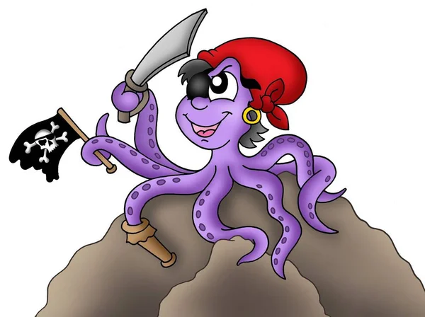 海盗章鱼 坐在岩石上 彩色插图 — 图库照片