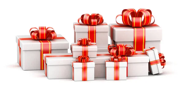 Stapel Weißer Geschenkboxen Mit Roten Bändern — Stockfoto