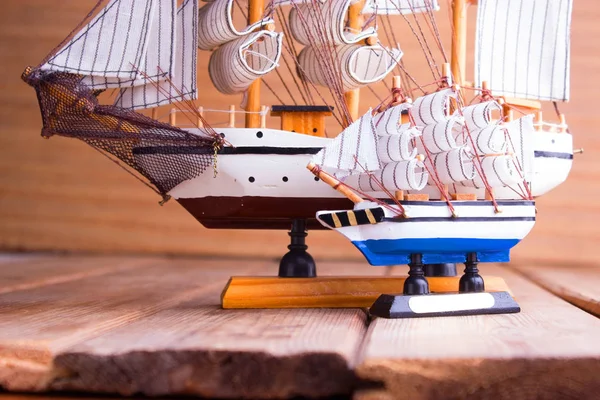 Модель Кораблів Дерев Яному Столі Концепція Подорожей — стокове фото