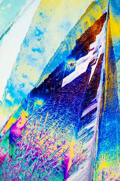 Πολύχρωμη Εμφάνιση Κρυστάλλων Θειοθειϊκού Νατρίου Αλάτι Στερέωσης Πολωμένο Φως — Φωτογραφία Αρχείου