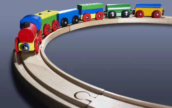 Dynamic Studio Photography Colorful Wooden Toy Train Dark Back — Stock Photo, Image