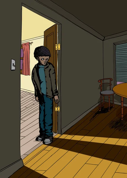 Schatten Eines Einzelnen Männlichen Teenagers Der Tür Zwischen Den Räumen — Stockfoto