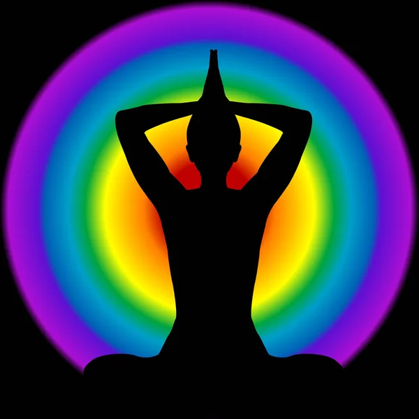 Silhouette Umana Posa Yoga Con Aura Chakra Colori Sfondo — Foto Stock