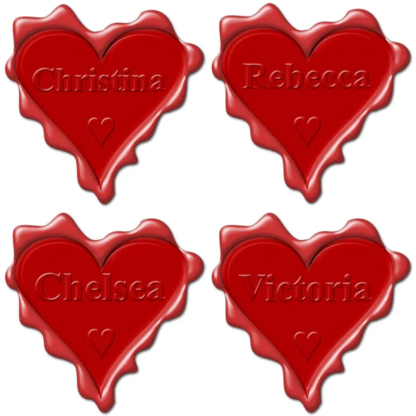 Valentine Love Corazones Con Nombres Christina Rebecca Chelsea Victoria —  Fotos de Stock