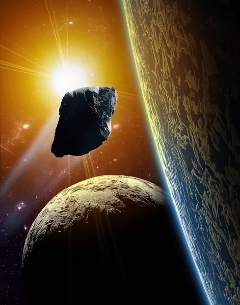 Επίθεση Του Αστεροειδούς Στον Πλανήτη Στο Σύμπαν Αφηρημένη Εικόνα Των — Φωτογραφία Αρχείου