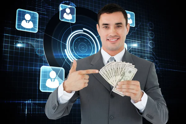 Бізнесмен Вказуючи Банкноти Руці Проти Футуристичного Інтерфейсу Технології — стокове фото