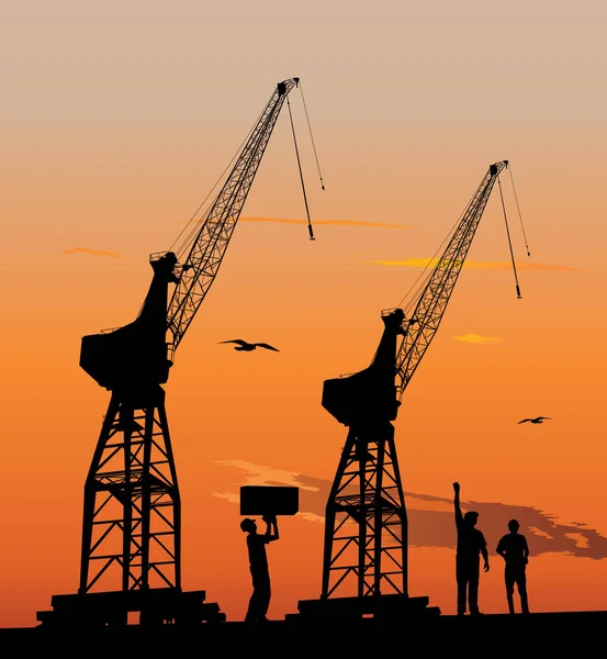 Silhouette Harbour Workers Port Cranes Sunset Sky — Stock Photo, Image