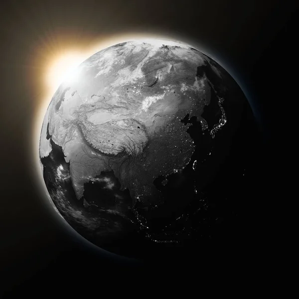Nap Sötét Bolygó Föld Elszigetelt Fekete Háttér Délkelet Ázsiában Rendkívül — Stock Fotó