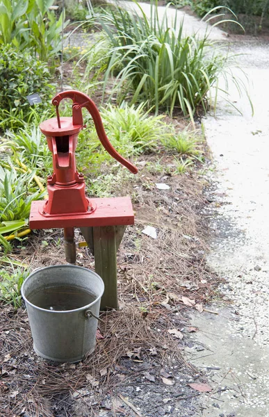 Φωτεινό Κόκκινο Χειροκίνητο Αντλία Για Πότισμα Του Κήπου — Φωτογραφία Αρχείου