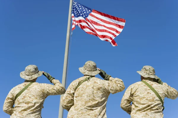 Στρατιώτες Χαιρετούν Μια Αμερικάνικη Σημαία — Φωτογραφία Αρχείου
