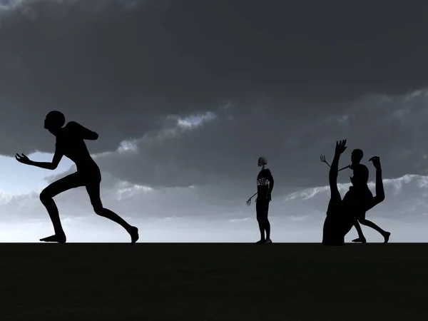 Silhouetted Zombies Caminando Sobre Fondo Del Cielo — Foto de Stock