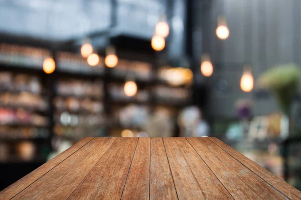Perspective Wooden Coffee Shop Blurred Background Bokeh Stock Photo — Stock Photo, Image