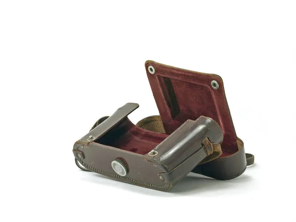 Old Brown Leather Camera Case White Background — Stock Photo, Image