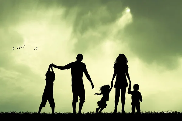 Illustration Der Familiensilhouette Bei Sonnenuntergang — Stockfoto