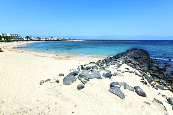 Λευκή Ακτή Του Lanzarote Ισπανία Παραλία Πέτρα Νερό Και Καλοκαίρι — Φωτογραφία Αρχείου