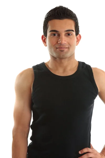Comerciante Sonriente Obrero Entrenador Instructor Fitness Con Una Camiseta Negra — Foto de Stock