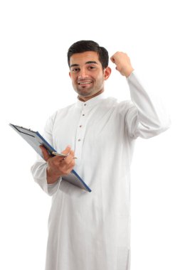 A middle eastern mixed r4ace businessman with clipboard folder and hand raised in success or victory.  White background. clipart