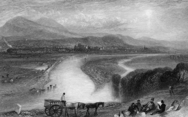 1833년 윌리엄 밀러가 새겨진 스코틀랜드 트위드 강둑에 멜로즈 수도원을 넣습니다 — 스톡 사진