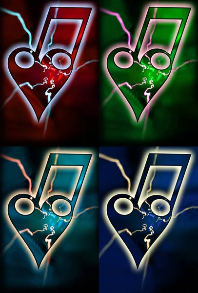 Cztery Różne Kolorowe Więzi Serca Dwoma Nutami Błysków Miłość Muzyki — Zdjęcie stockowe
