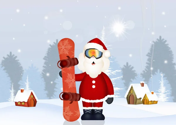 Illustrazione Babbo Natale Con Snowboard — Foto Stock