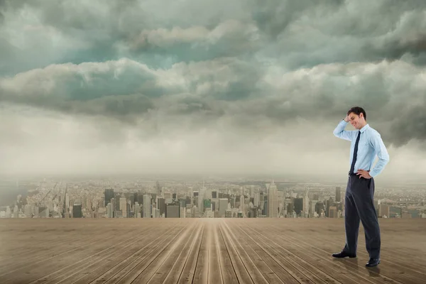 Thoughtful Businessman Hand Head Cityscape Horizon — Stock Photo, Image