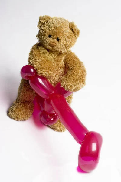 Αρκουδάκι Κάθεται Ένα Ροζ Μπαλόνι Ποδήλατο — Φωτογραφία Αρχείου