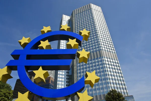 Street View Ecb Administrative Building Well Known Sculpture European Currency — Stock Photo, Image