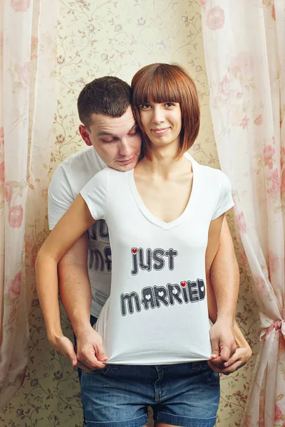 Happy Newlyweds Hugging Shirts Shot Studio — Stock Photo, Image
