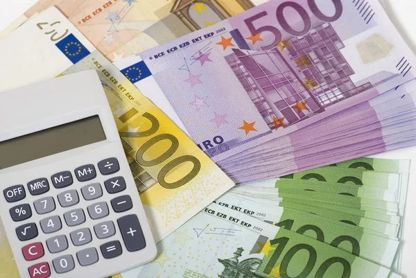 Billetes Euros Papel Moneda Calculadora —  Fotos de Stock