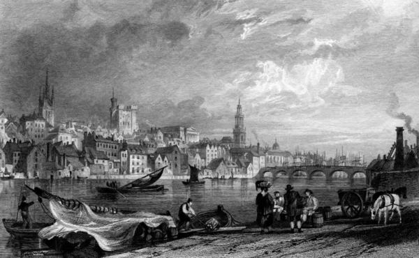 Newcastle-Upon-Tyne city viewed from New Chatham, Gateshead, England. Engraved by William Miller in 1832, Public domain image by virtue of age.