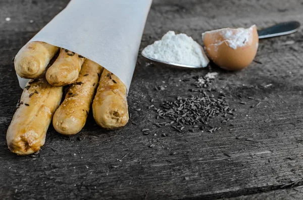 Homemade Baked Breadsticks Wood Table Eggs — Stock Photo, Image