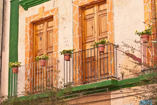 Pittoreske Balkons Bloempotten Houten Deuren Koloniaal Mexico — Stockfoto