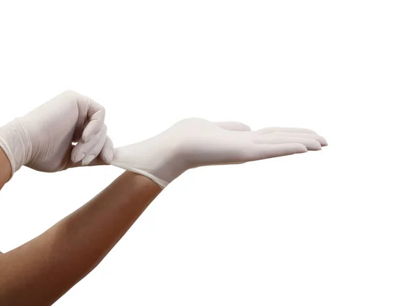 Ręce Kobiety Zakładanie Rękawic Chirurgicznych Izolacja Białe Tło — Zdjęcie stockowe