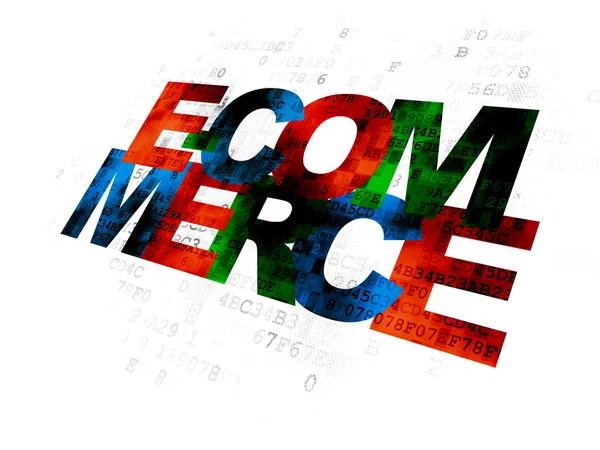 Obchodní Koncept Pixelovaný Vícebarevné Texty Commerce Digitálním Pozadí — Stock fotografie