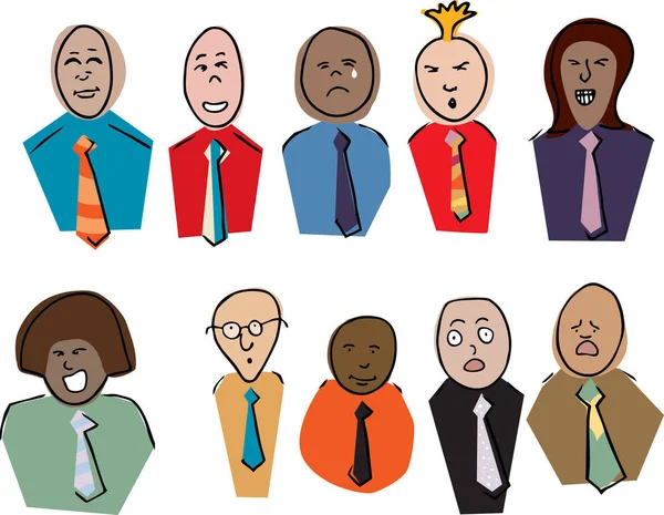Zehn Verschiedene Karikaturen Männlicher Und Weiblicher Geschäftsleute Die Gesichter Machen — Stockfoto