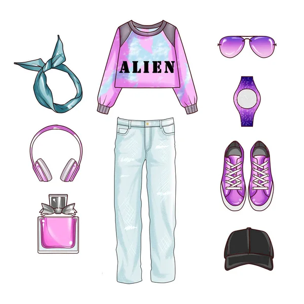 Fashion set of woman\'s clothes and accessories - baggy jeans, sneakers, perfume bottle, sweater, ear cuffs, hat, watch