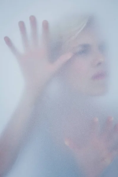 Blonde Woman Touching Frosted Glass Shadow — Stock Photo, Image