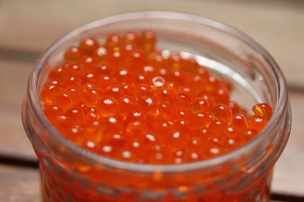 Close View Delicious Red Caviar Glass Container — Stock Photo, Image