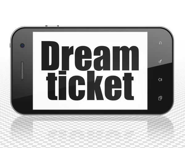 ファイナンスコンセプト 黒いテキストドリームチケットが表示されているスマートフォン 3Dレンダリング — ストック写真