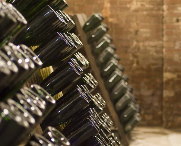 Closeup Bottles Wine Aging Old Cellar — Stock Photo, Image