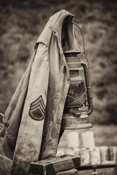 Vintage Retro Sepia Photograph Army Sergeant Jacket Ww2 Hanging Later — Stock Photo, Image