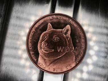 Digital currency physical brass dogecoin coin with dog on front. clipart