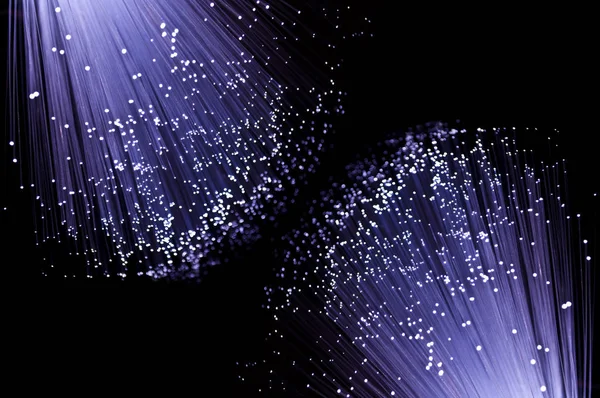 Close Capturing Ends Many Illuminated Fibre Optic Light Strands Black — Stock Photo, Image