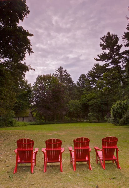 Vier Rote Adirondack Stühle Auf Einer Grünen Wiese Profil — Stockfoto