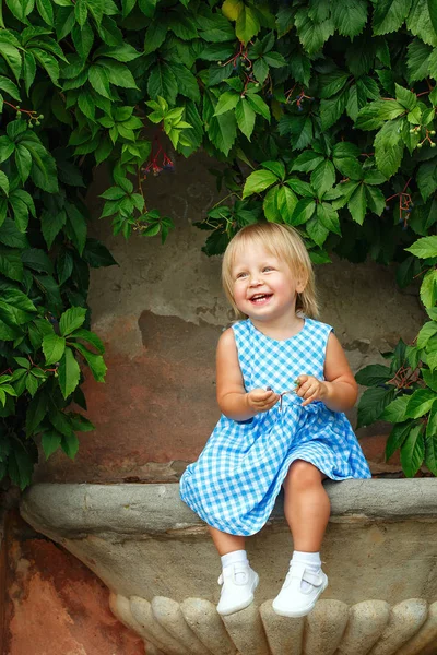 Little Blonde Girl Background Green Grape Leaves — Stock Photo, Image